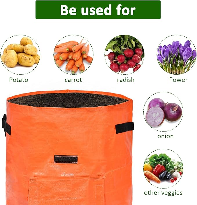 JJGoo Potato Grow Bags, 4 Pack 10 Gallon with Flap and Handles Planter Pots for Onion, Fruits, Tomato, Carrot - Orange
