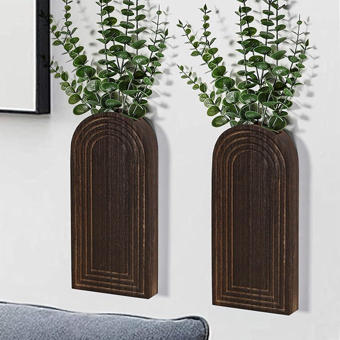 2 Pack Wooden Wall Vase Set - Dark Brown Finish Modern Farmhouse & Boho Wall Decor for Entryway, Hallway, Bathroom, Living Room, Dining Room, Narrow Spaces