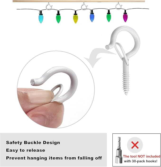 PlusRoc 30 Pack Ceiling Hooks for Hanging Plants Outdoor String Lights Heavy Duty, 2.2 Inch Eye Hook Screw in Cup Hooks Q-Hanger for Patio Lights, Wall Wood Fence Deck Mount(White)