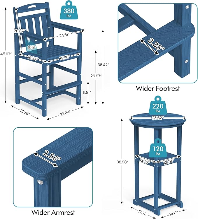 Ciokea 3-Pcs Bistro Table and Chairs, All-Weather Round High Top Bar Table with Storage Shelf and 2 Oversized Adirondack Chairs, Heavy Duty Outdoor Bar Patio Bistro Set for Balcony Deck, Navy Blue