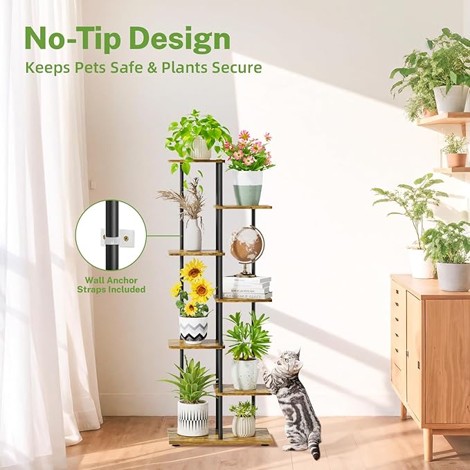 iDavosic.ly 6 Tier Tall Plant Stand Indoor, Tiered Corner Metal Wood Multiple Flower Holder Shelf, 50 Inch Orchid Display Rack for Patio Porch Living Room Balcony Outdoor, Modern Black & Rustic Brown
