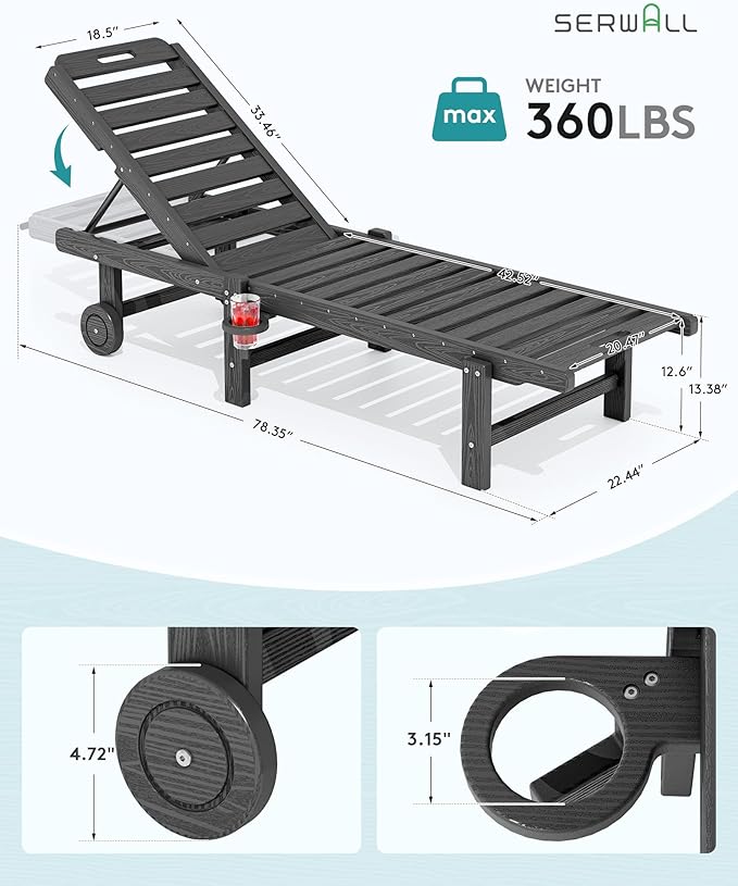 SERWALL Outdoor Chaise Lounge Chair, HDPE Patio Lounge Chair with Cup Holder, 5 Positions Adjustable Poly Lounger with Rolling Wheels for Poolside, Deck, Sunbathing, Grey