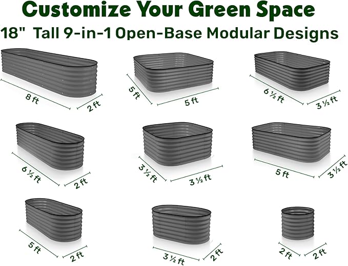 9-in-1 Galvanized Steel Raised Garden Bed // 8×2×1.5 ft Modular Planter for Gardening, Vegetables, Flowers // 18" Tall Metal Raised Garden Beds Outdoor (Gray) // Patented Design Planter Box