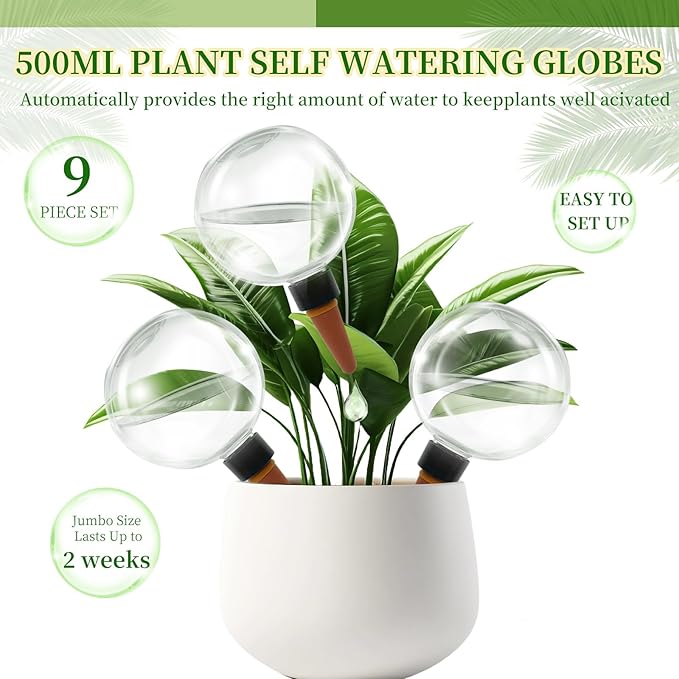 9 Pack Self Watering Globes for Indoor Plant Plastic Water Bulbs 17.5 oz Automatic Watering Planter Insert Top Fill with Slow Release Control Plants Watering Devices System, Water Spikes Stakes
