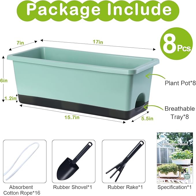 Window Box Planter 8 Pcs, 17 Inches Rectangle Flower Pots with Drainage Holes & Trays, Vegetable Planters for Windowsill Patio Garden Balcony Home Indoor Outdoor (Green, 16 * 7 * 6 inch)