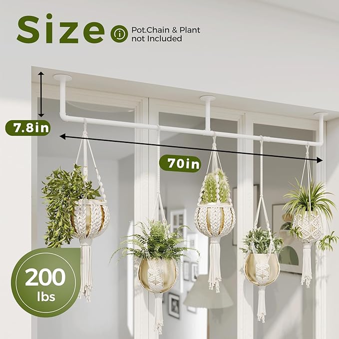 Bamworld Hanging Planters for Indoor - 70in White Metal Rod Plant Hangers (Pot & Plant Not Included)