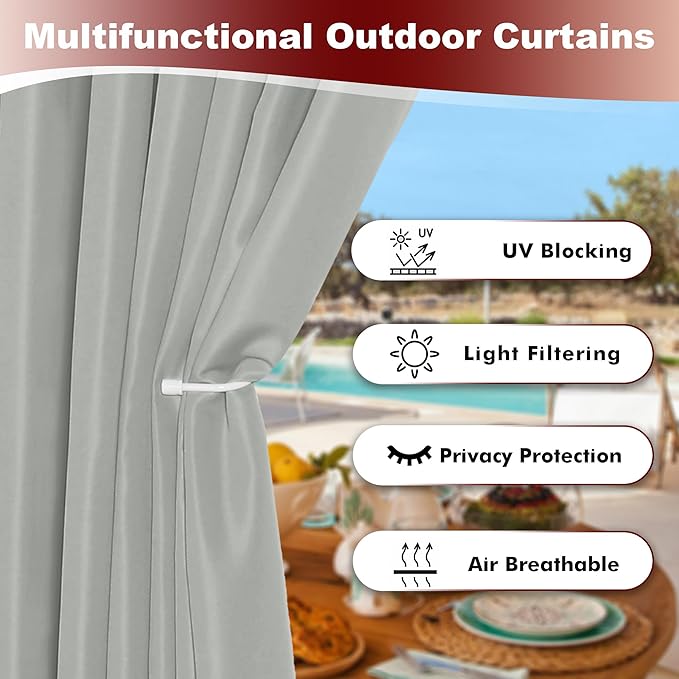 HolidayIdeas Grommet Outdoor Curtains for Patio Waterproof 8 Pcs All Weather Balcony Outside Curtains for Apartments, Gazebo, Pergolas, Porch, 54x108 Inch, Silver Grey