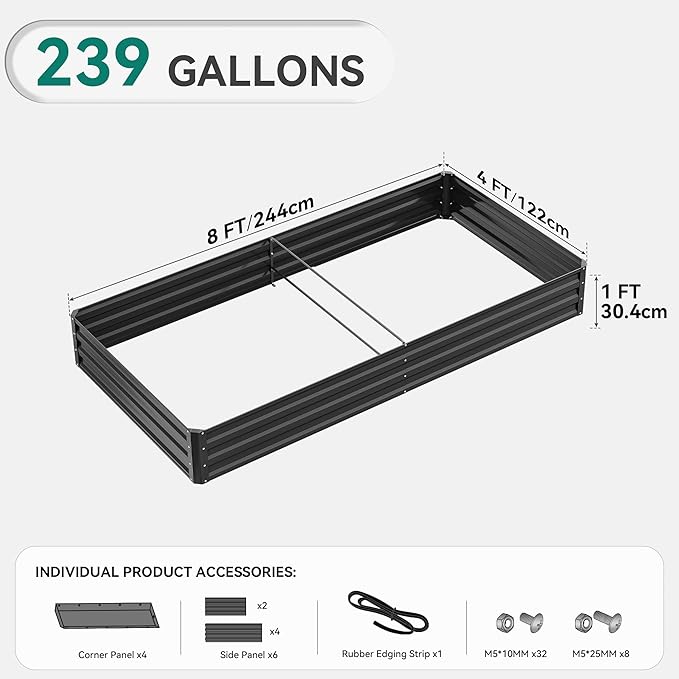 YITAHOME 96x48x12 in 2pcs Galvanized Raised Garden Bed Kit, Large Metal Planter Box with Gloves, Safety Rubber & Support Rod, Outdoor Flower Bed for Plants Vegetables, Black