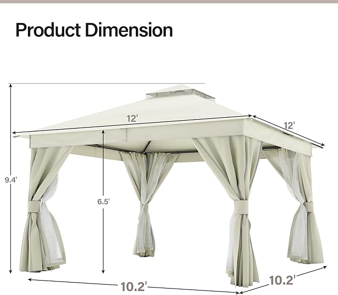 LAUSAINT HOME Semi-Permanent Outdoor Patio Gazebo 12'x12', Heavy Duty Party Tent Shelter with Double Roofs, Mosquito Nettings and Privacy Screens for Backyard, Garden, Lawn, Cream White