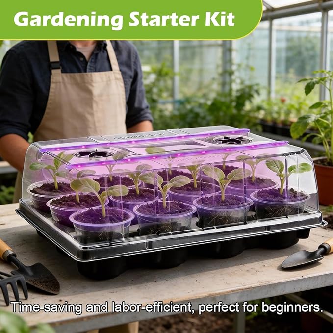 3 Pack 12 Cell Seed Starting Trays with Clear Domes and Growing Lights & 4 Inch Clear Seedling Pots 36 Pack, Plant Nursery Faster Propagation Kit 3 Sets for Seeds Vegetables Herbs