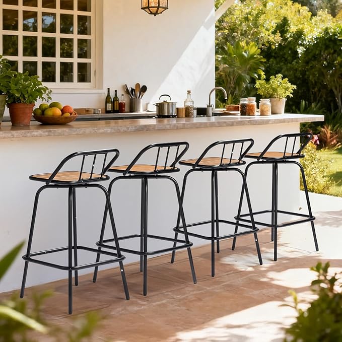 VINGLI 2 PCS Outdoor Swivel Bar Stools, 30 Inch Metal Barstools with Backrest & Footrest, 360° Rotating All-Weather Stools for Garden, Balcony, Kitchen Island (Teak)