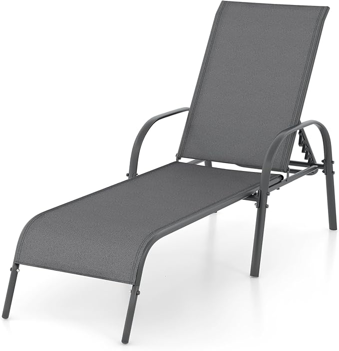Giantex Patio Lounge Chair, Outdoor Chaise Lounge with 5 Adjustable Backrest, Sturdy Steel Frame, Sunbathing Recliner, Tanning Chair for Beach, Outside, Yard, Balcony, Pool Chairs (1,Dark Gray)