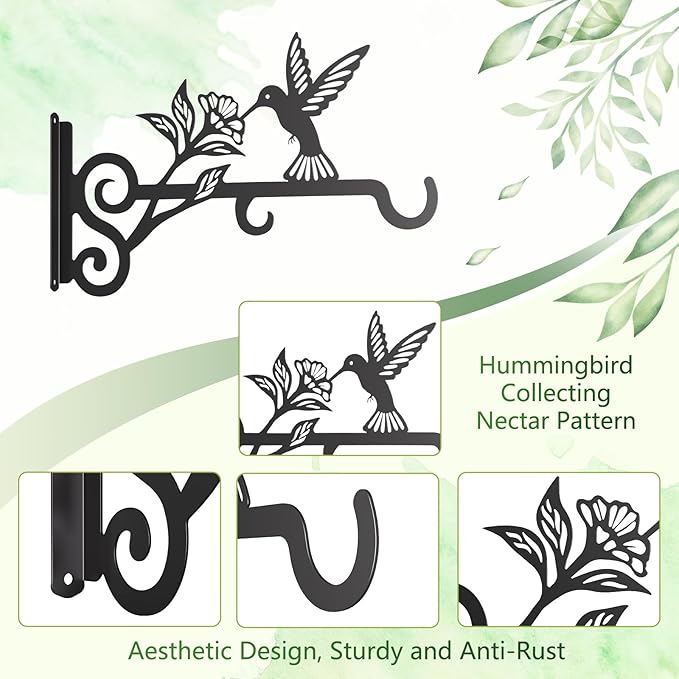 2-Pack Aesthetic Plant Hangers Outdoor – 10 Inch Metal Hanging Plant Bracket with Beautiful Hummingbird Pattern – Anti Rust Plant Hooks for Hanging Plants, Bird Feeder, Windchime, Lantern
