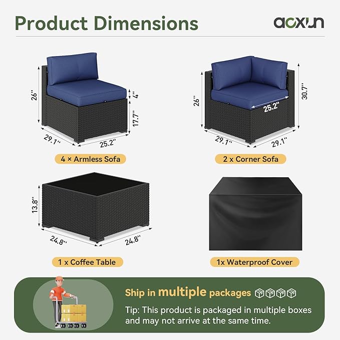 Aoxun 7 Piece Patio Furniture Set Wicker Rattan Patio Sectional Sofa Set Outdoor Seating Furniture with Thickened Cushion, Navy Blue