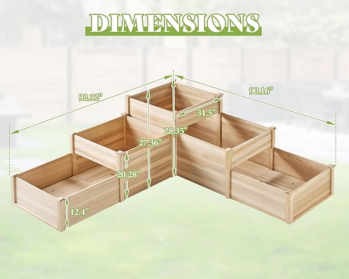 AMERLIFE 3-Tier Raised Garden Bed, 28 Inch Depth Fir Wood Planter Box for Outdoor Gardening with Dividers, Tool-Free Assembly, Garden Box, Ideal for Vegetables, Herbs, Flowers