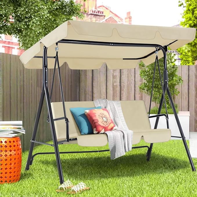 AECOJOY Porch Swing with Stand, 3-Seat Outdoor Clearance Porch Swings for Adults, Outdoor Patio Swing with Adjustable Canopy & Removable Cushion for Backyard, Garden, Balcony, Beige