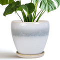 Ceramic Pots for Plants - 8 Inch Planter with Drainage Hole and Saucer, Round Flower Pot for Indoor Outdoor Plants, Decorative Planter, House Patio Decor, Housewarming Gifts, White-Grey