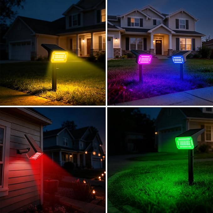 Fabrito Color Changing Solar Spot Lights Outdoor 4 Pack, [6+1 Lighting Modes] Auto On/Off RGB Spotlights, Waterproof Multicolor Landscape Lights for Garden, Tree, Halloween, Christmas
