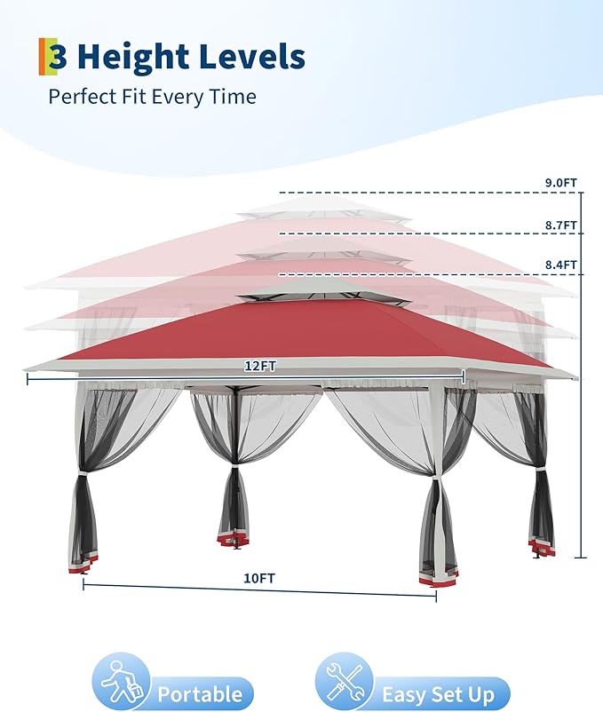 Canopy Tent 12x12 ft, Pop Up Gazebo One-Push Setup with 4 SandBags for Backyard Parties and BBQs, Mosquito Netting & Height Adjustable - Red