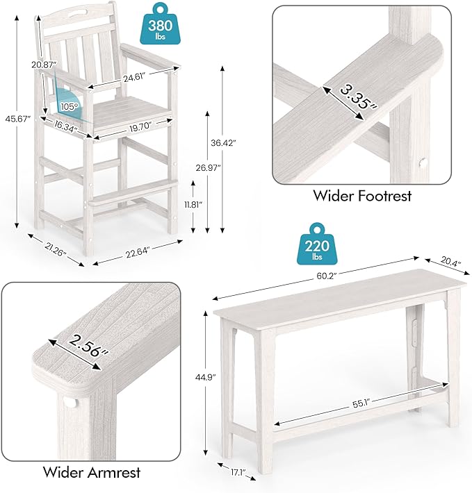 Ciokea 3 Pcs Outdoor Bar Height Table Set, 60" Extra Long Rectangle High Top Table and 2 Oversized Adirondack Chairs Set, Heavy-Duty All-Weather HDPE Patio Bar Set for Backyard Balcony Deck, White
