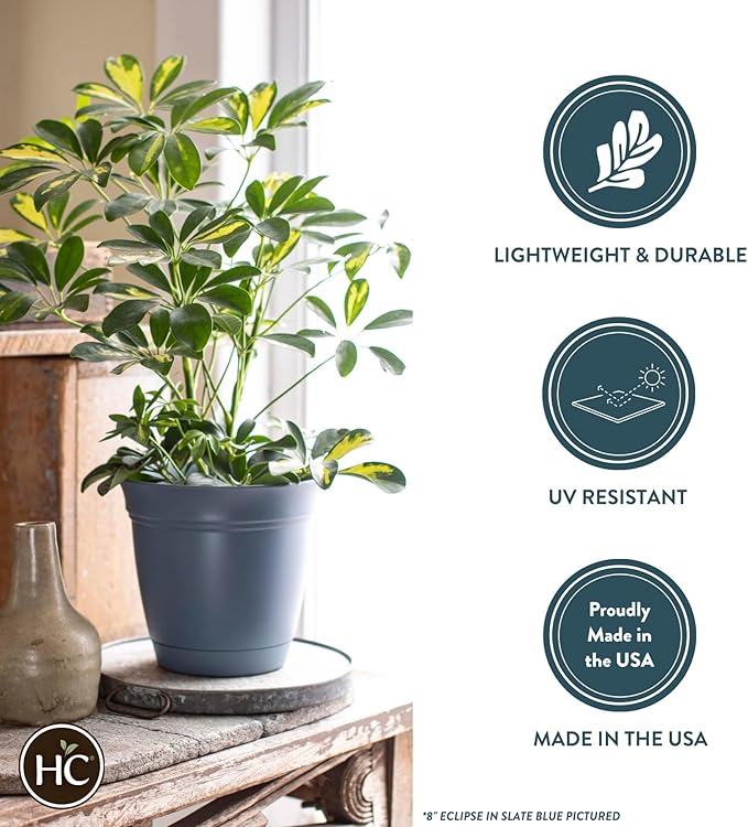 The HC Companies 8 Inch Eclipse Round Planter Pots with Drainage Holes & Attached Saucer, Lightweight UV-Resistant Plastic Indoor & Outdoor Planters, 6-Pack Flower Pots for Garden & Home Decor, White