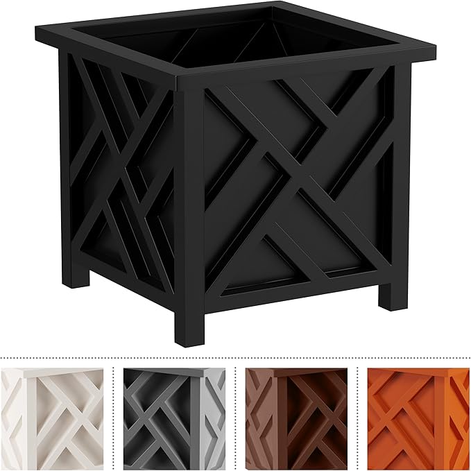 Lattice Design Outdoor Planter Box - 14.75” Square 13” Tall Black Plant Pot - Decorative Plant Pots for Front Porch Decor - Flower Pots Outdoor Planters for Porch Patio or Garden Decor by Pure Garden