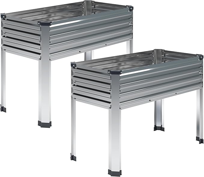 2PCS Galvanized Raised Garden Bed with Legs,2PCS 48×18×30in Elevated Planter Box for Backyard,Outdoor Garden, Patio, Balcony, 300lb Capacity,Silver
