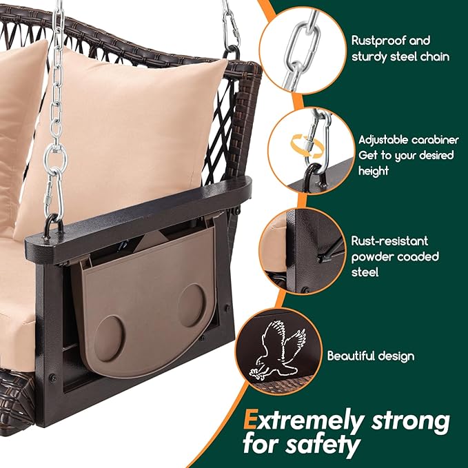 Upgraded Wicker Hanging Porch Swing Heavy Duty 900lbs 3-Seat Outdoor Patio Swing Chair Bench for Adult w/ 8.9ft Hanging Chains Cushions and Cup Holder