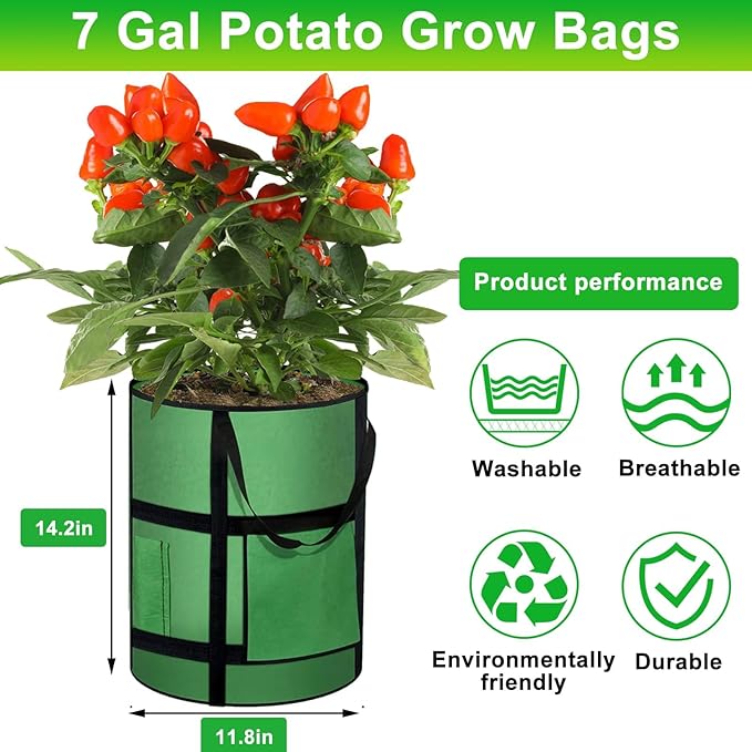 7 Gallon Potato Grow Bags with Viewing Window, 300G Nonwoven Garden Planting Pots, Heavy-Duty Surround Handles for Gardening Supplies (2Pack Grow Bags)