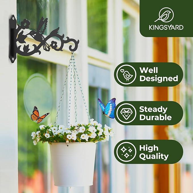 Kingsyard 2-Pack Wall Plant Hangers Outdoor Indoor, 8 Inch Heavy Duty Solid Metal Brackets with Bird Design, Anti Rust Plant Hooks for Plants, Bird Feeders, Lanterns, Wind Chimes, Hummingbird Design