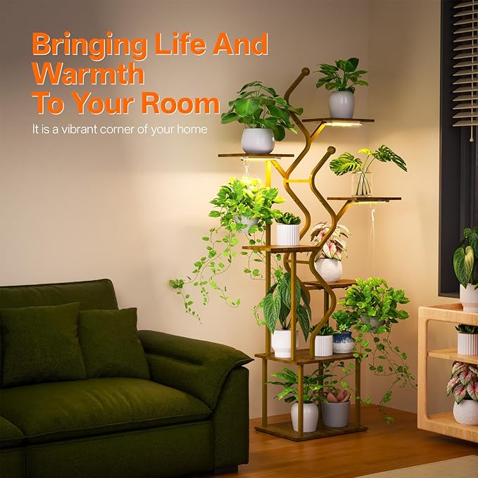 Bstrip 63 Inch Plant Stand with Grow Light, 7-Tier Indoor Plant Shelf with Hanging Hooks, Decor Corner Plant Stand for Living Room & Patio, Gold
