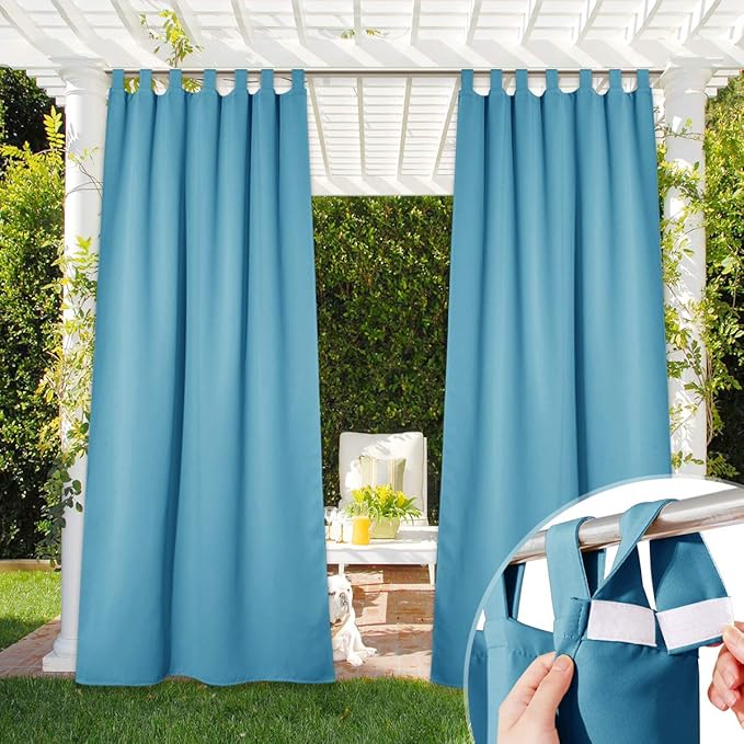 NICETOWN Outdoor Curtain for Patio Waterproof, Thermal Insulated Detachable Sticky Tab Top Room Darkening Great Vertical Drape Outdoor Divider for Pergola, 1 Pack, W52 x L108, Teal Blue