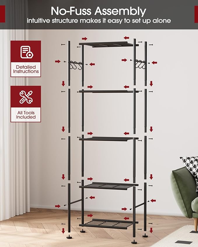 Storage Shelves - 5-Tier Large Capacity Shelf Organizer with Hooks, Heavy-Duty Garage Shelving with Leveling Feet, Wobble-Free Rack for Bedroom, Balcony, Garage, 18.1"×12.4"×56.8", Black