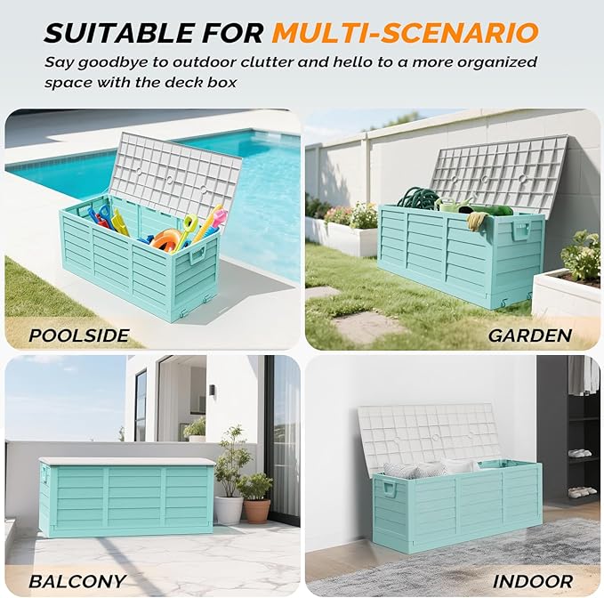 VINGLI 75 Gallon Collapsible Outdoor Storage Box, Simple-to-assemble Plastic Storage Containers with Lid, Patio Deck Box Furniture for Garden, Pool, Balcony, Yard (Green)