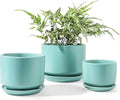 LE TAUCI Ceramic Plant Pots, 4.3+5.3+6.8 inch, Set of 3, Planters with Drainage Hole and Saucer, Indoor Flower Pot with Hole Mesh Pad, Gifts for Mom, Aqua
