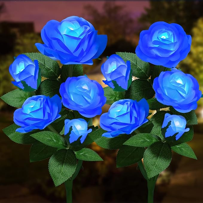 Solar Flower Lights Outdoor - Upgraded Realistic LED Solar Powered Waterproof Lights with 5 Roses, Solar Decorative Stake Light for Garden (Blue, 2 Pack)