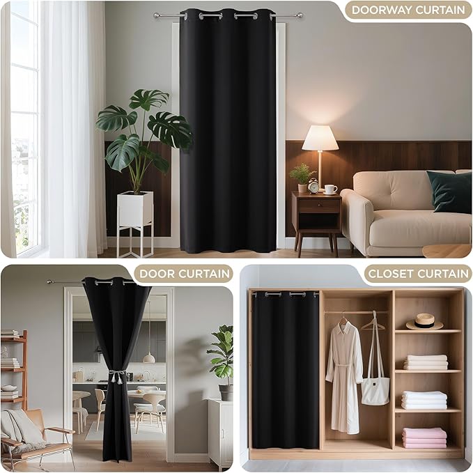 Joydeco Blackout Door Curtain for Doorway Privacy 78 Inches Long, Grommet Closet Curtain for Open Closet, Room Divider for Bedroom Living Room (Black, 52Wx78L, 1 Panel)