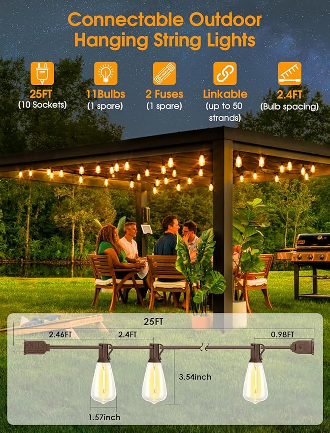 25FT Outdoor String Lights, Patio Lights with 10+1 LED Dimmable Waterproof Shatterproof Linkable ST38 Bulbs for Fence Porch Gazebo, Brown