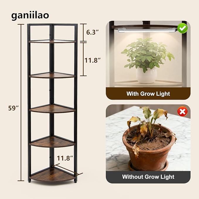 Corner Plant Stand with Grow Light Shelf 5 Tiered Plant Stand 59” Tall Flower Holder with 4 LED Grow Light Flower Stands for Indoor Plants Wood Corner Shelves for Plants Outdoor