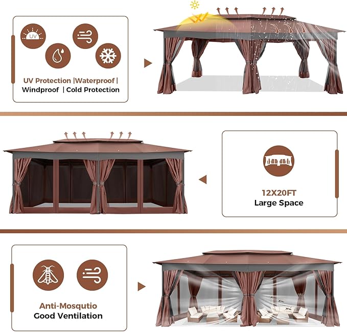 COBIZI Gazebo 12x20 Heavy Duty Gazebos with Curtain and Netting Outdoor Gazebo Canopy Double Roof Patio Gazebos with Metal Steel Frame for Patio, Deck, Backyard-Brown