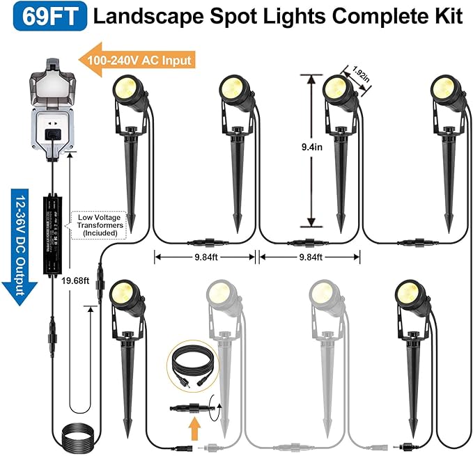 ALOVECO Low Voltage Landscape Lights, 6 Pack LED Spot Lights Outdoor with 30W Transformer IP65 Waterproof, Plug in Outdoor Landscape Lighting for Yard Garden Tree House Flag Pathway (Warm White 2700K)