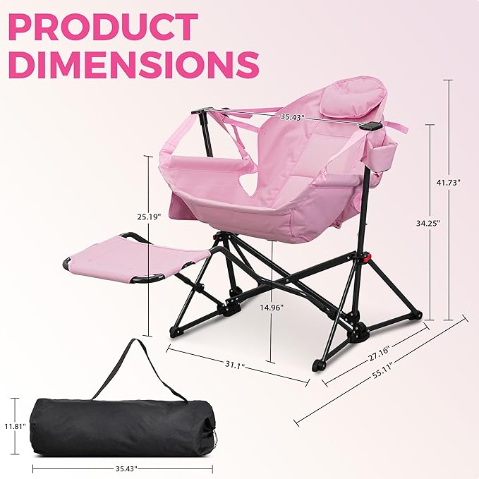 Ainfox Hammock Camping Chair with Footrest, Foldable Rocking Chairs for Adults Outside Swinging Camp with Cup Holder Pillow for Outdoor Patio Garden (Pink)