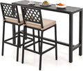 COSTWAY 3 Piece Outdoor Bar Table and Chairs Set, 55" Pub Height Bar Table & 2 Cushioned Bar Stools with Rhombus Backrest, Metal Patio Bar Table Set for Balcony, Backyard, Porch, Pool