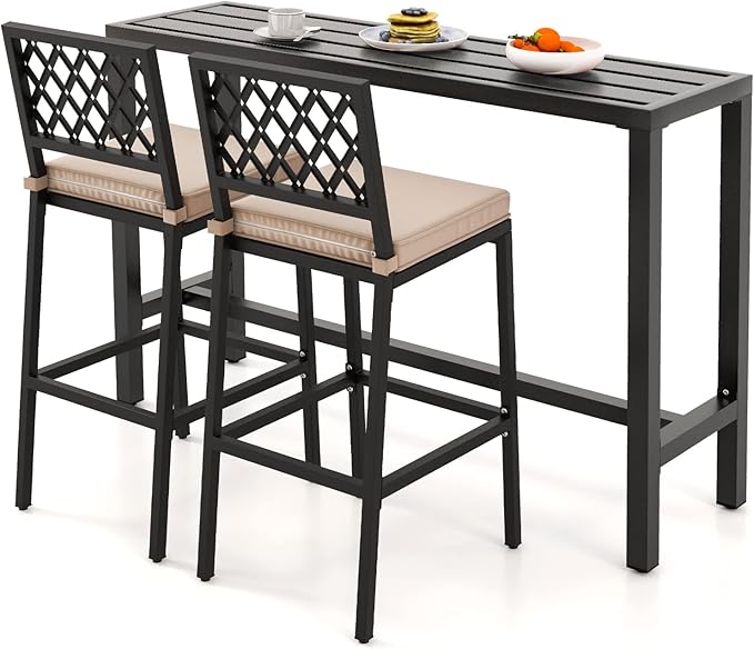 COSTWAY 3 Piece Outdoor Bar Table and Chairs Set, 55" Pub Height Bar Table & 2 Cushioned Bar Stools with Rhombus Backrest, Metal Patio Bar Table Set for Balcony, Backyard, Porch, Pool