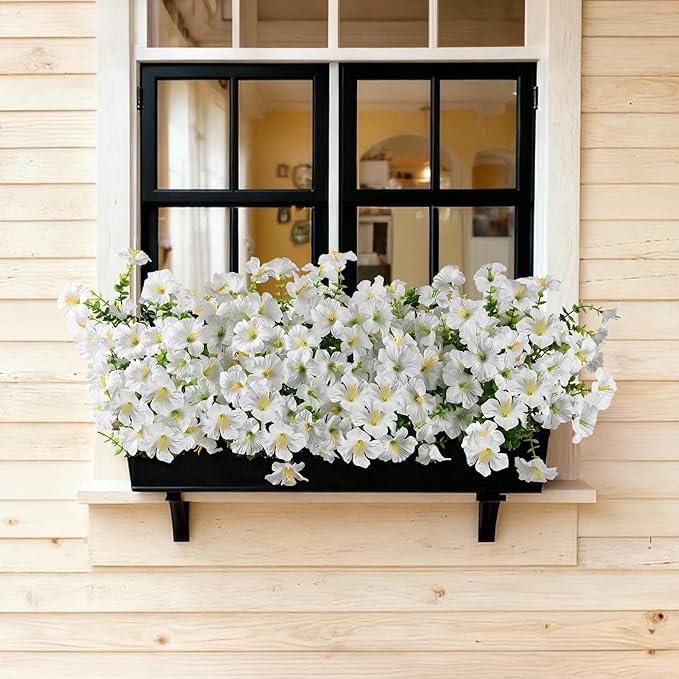 INQCMY Artificial Fake Petunias Flowers for Outdoors Spring Decoration, 12 Bundles Faux Flower Plants UV Resistant White Realistic Silk Flower for Outside Planters Patio Porch Yard Window Box