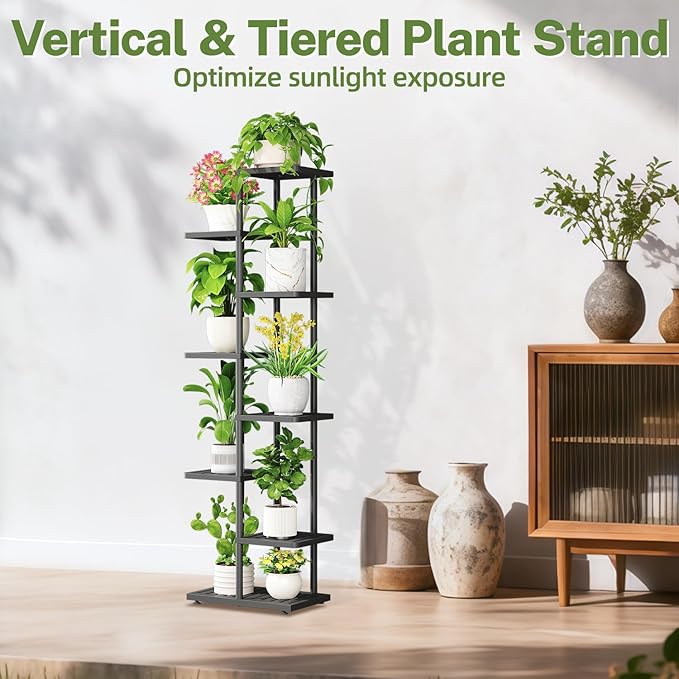 iDavosic.ly Plant Stand Indoor Outdoor, 7-Tier Tall Metal Flower Shelf for Heavy-Duty Large Planters, Corner Orchid Display Rack for Living Room Balcony Patio Porch, Space Saving, Modern Black