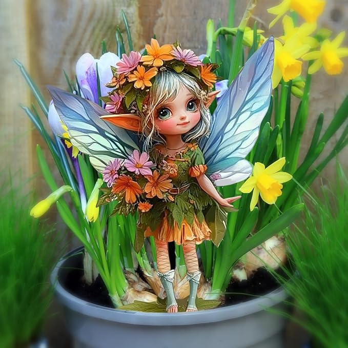 Fairy Garden Stake Decor, Acrylic 2D Garden Fairy Decoration, Fairy Garden Accessories for Outdoor Indoor Yard Lawn Pot Plants (Floral Girl)