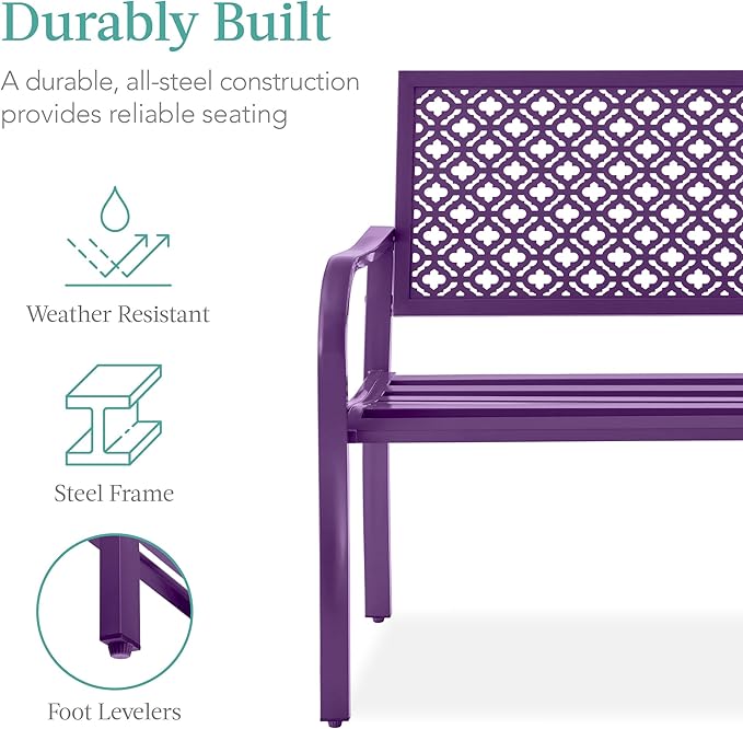 Best Choice Products Outdoor Bench 2-Person Metal Steel Benches Furniture for Garden, Patio, Porch, Entryway w/Geometric Backrest, 790lb Capacity - Dark Purple