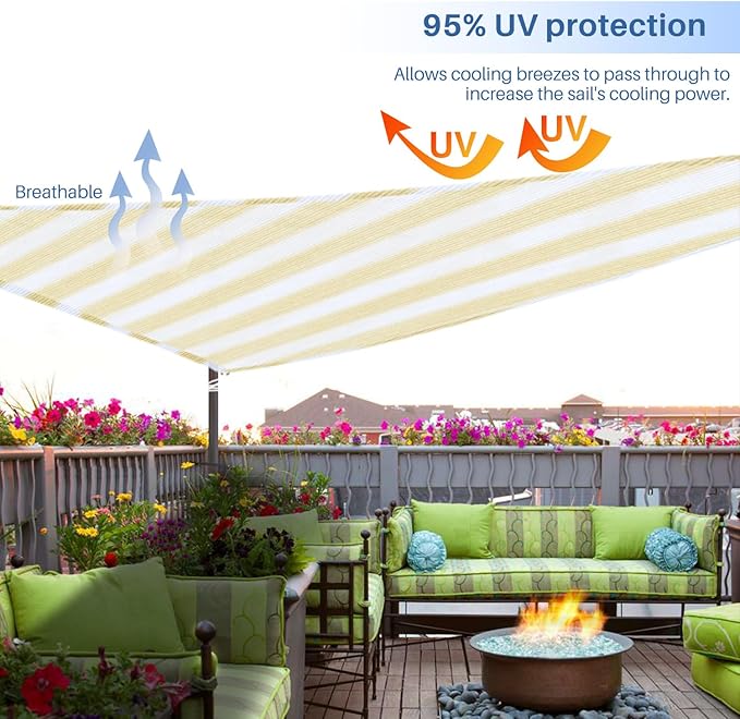 E&K Sunrise 9' x 9' x 9' Sun Shade Sail Triangle Canopy Shade Cover UV Block for Patio Backyard Garden Outdoor (Beige White Strip)