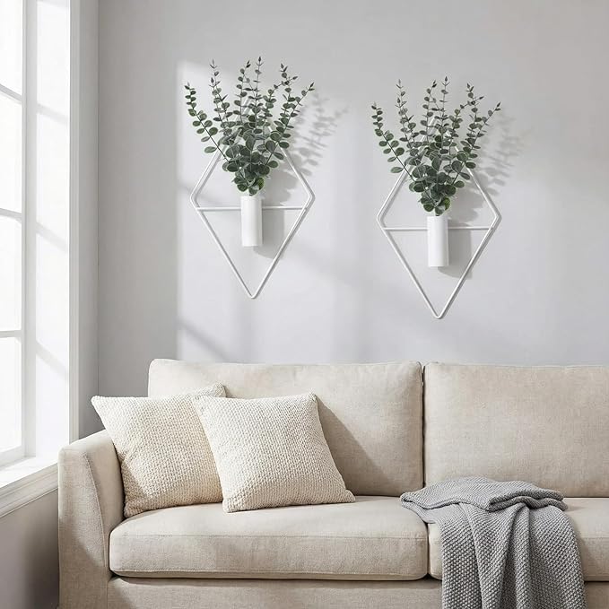 Jexine 4 Pcs Hanging Planters with Artificial Eucalyptus Metal Hanging Vase Indoor Plants Holder Modern Geometric Boho Bathroom Wall Decor for Living Room Home Office (Eucalyptus,White)